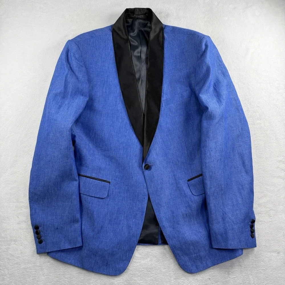 StudioSuits BESPOKE 3 Piece Tuxedo Linen Suit 44L 34x31 Vest Satin Stripe Shawl
